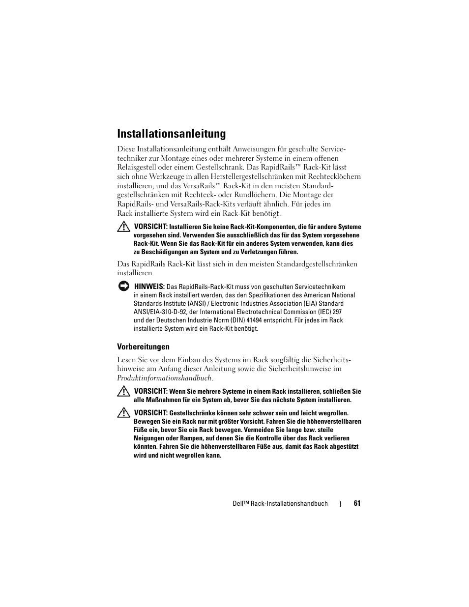 Installationsanleitung, Vorbereitungen | Dell PowerEdge 6850 User Manual | Page 63 / 142