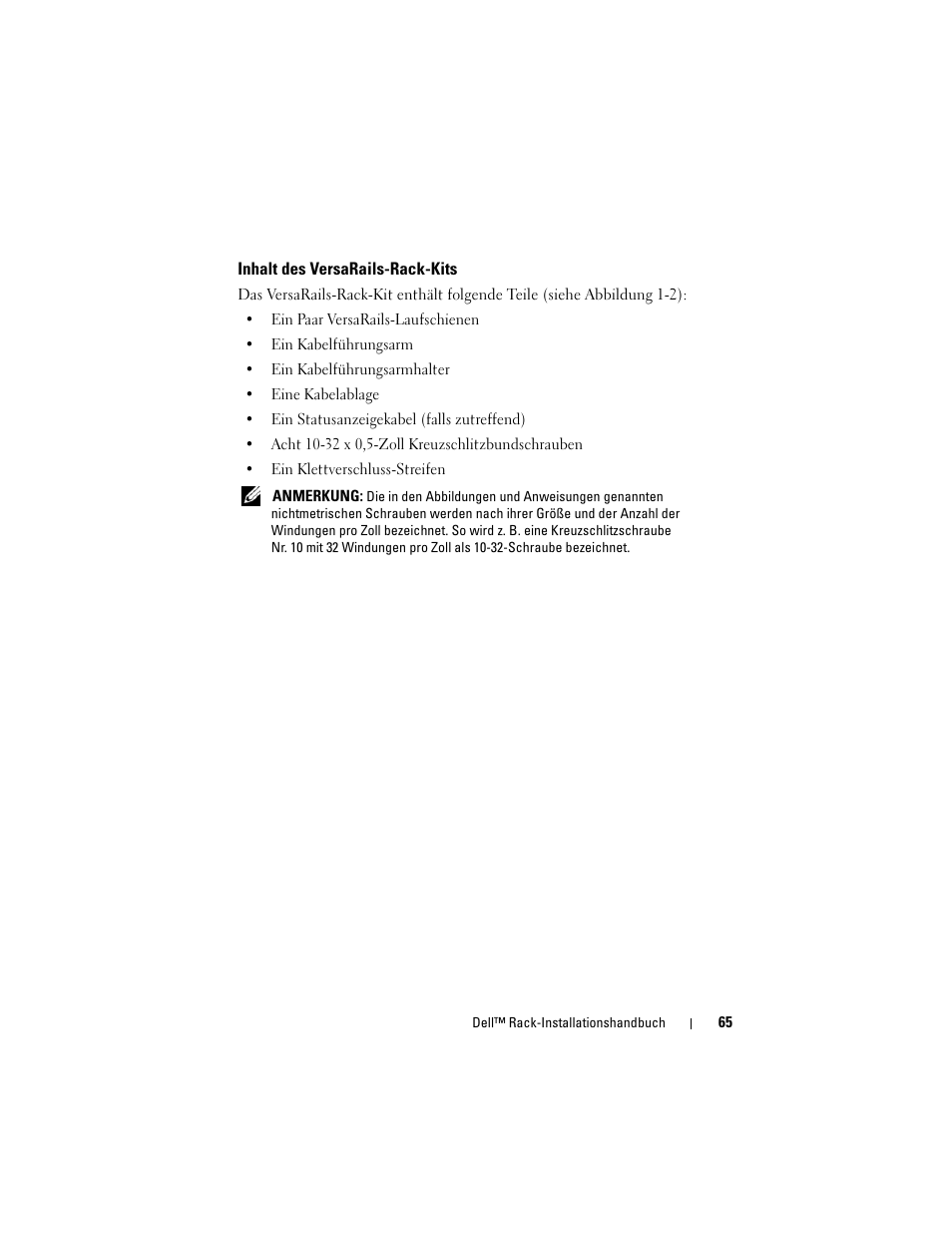 Inhalt des versarails-rack-kits | Dell PowerEdge 6850 User Manual | Page 67 / 142