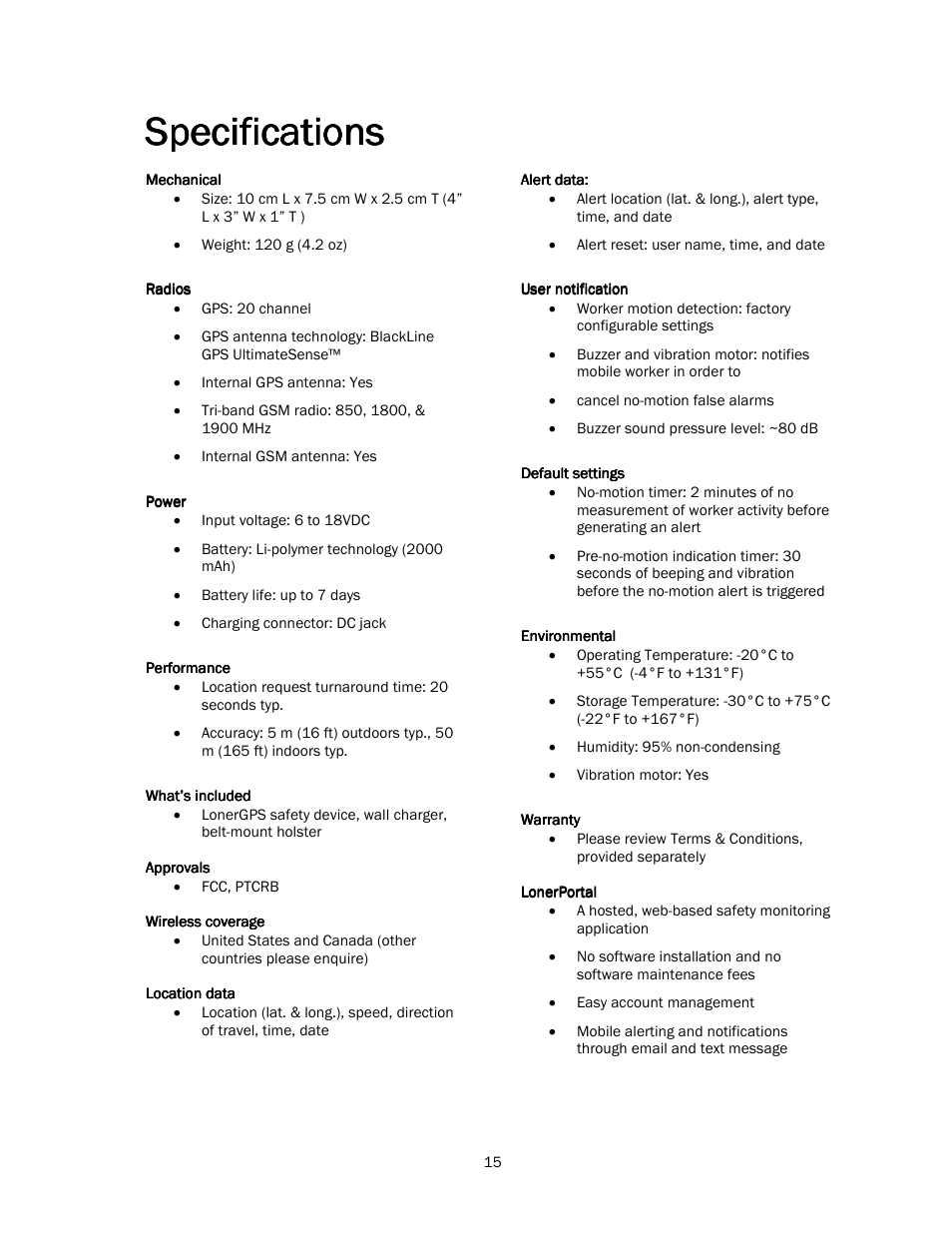 Specifications | Blackline GPS LonerGPS User Manual | Page 15 / 15