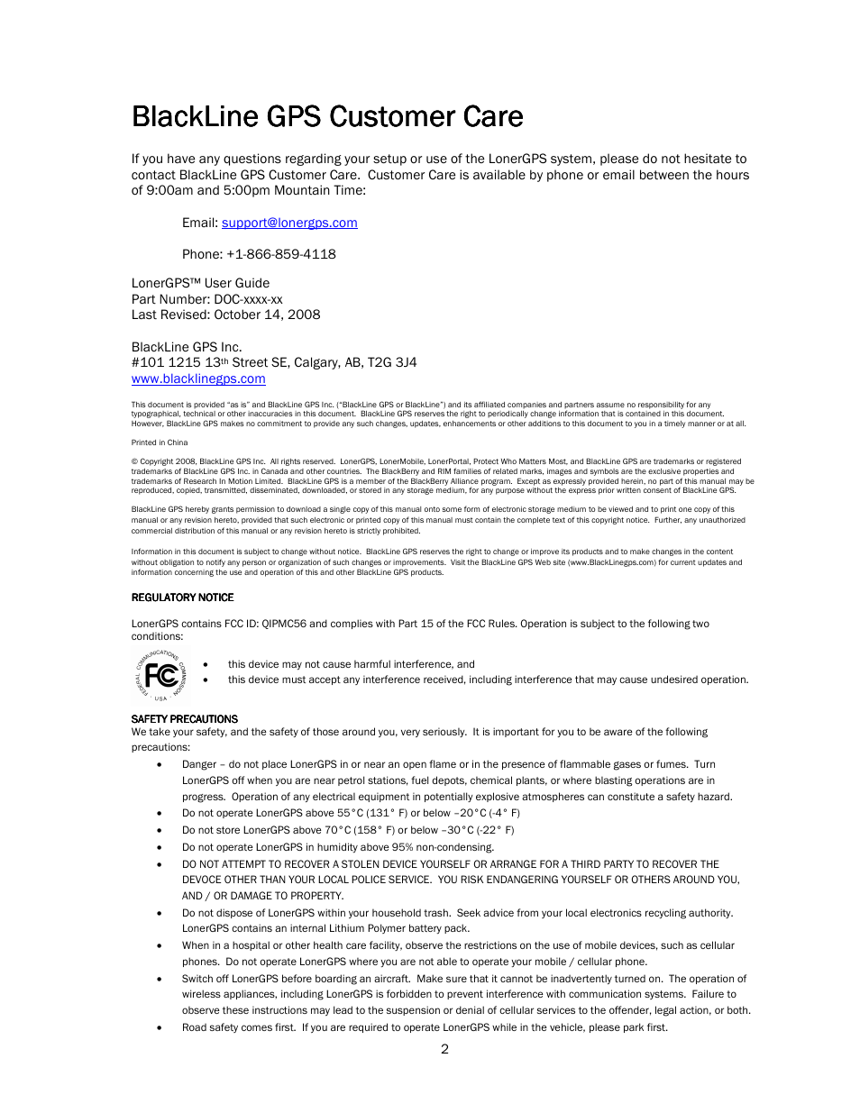 Blackline gps customer care | Blackline GPS LonerGPS User Manual | Page 2 / 15