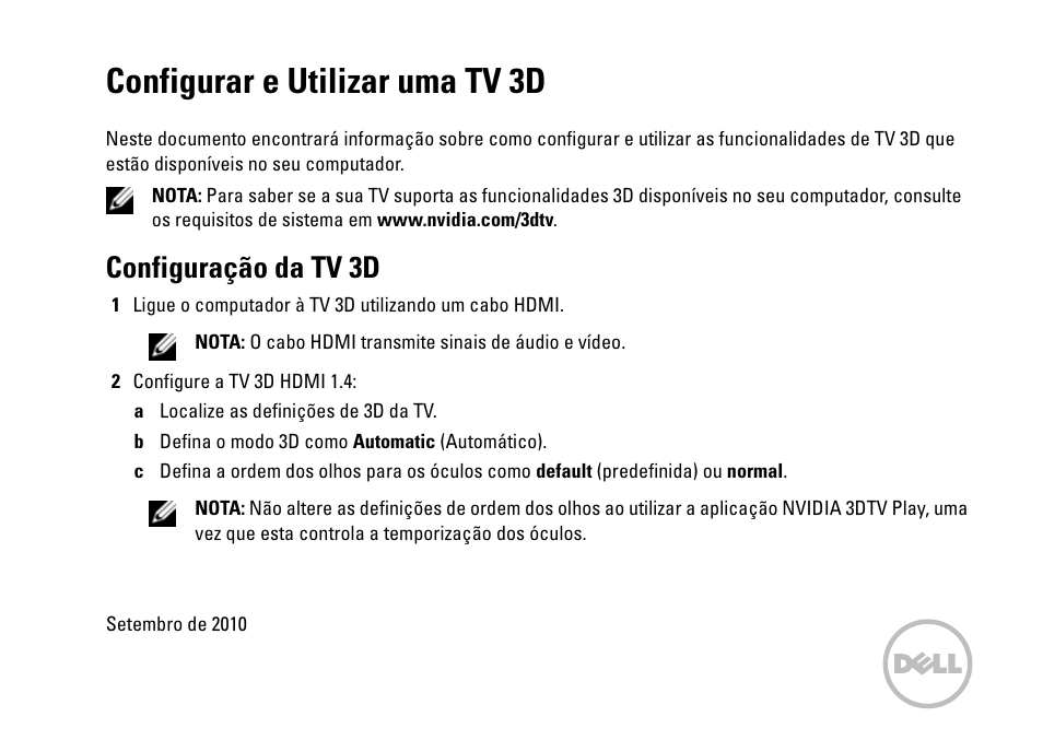 Configurar e utilizar uma tv 3d, Configuração da tv 3d | Dell XPS 15 (L501X, Late 2010) User Manual | Page 21 / 36