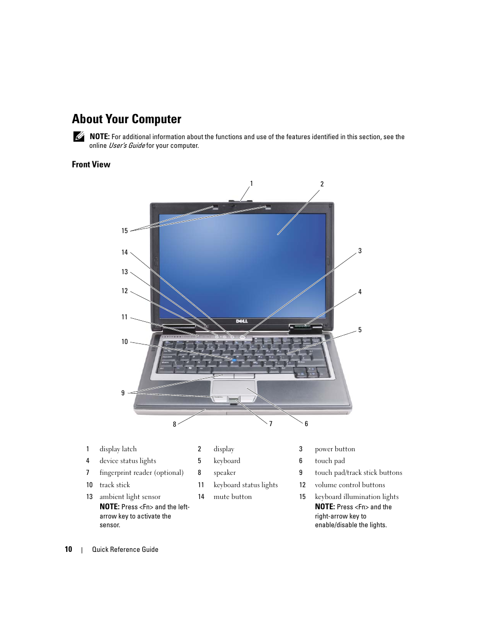 About your computer, Front view | Dell Latitude D620 ATG User Manual | Page 10 / 98