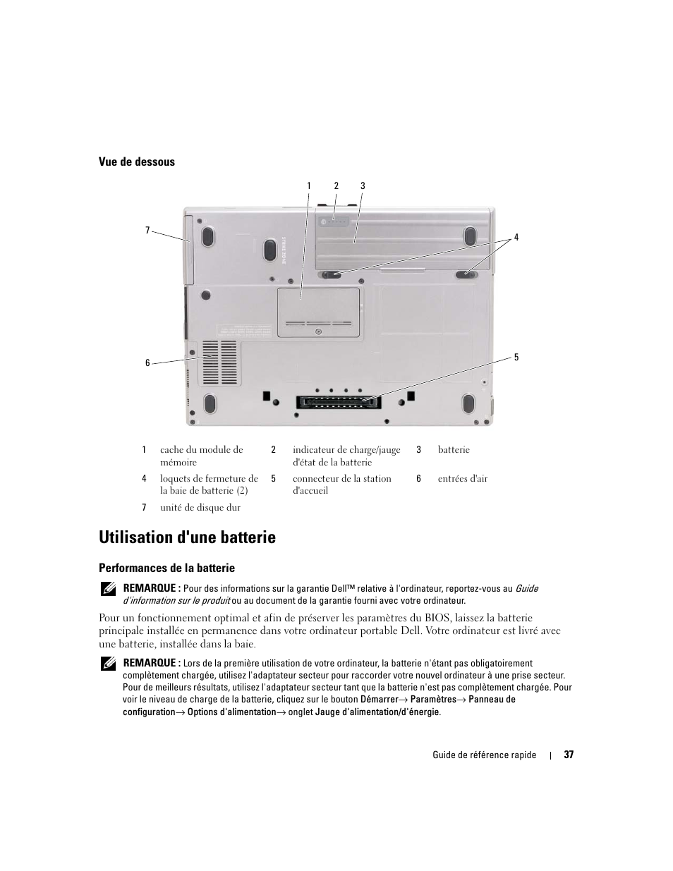 Vue de dessous, Utilisation d'une batterie, Performances de la batterie | Dell Latitude D620 ATG User Manual | Page 37 / 98