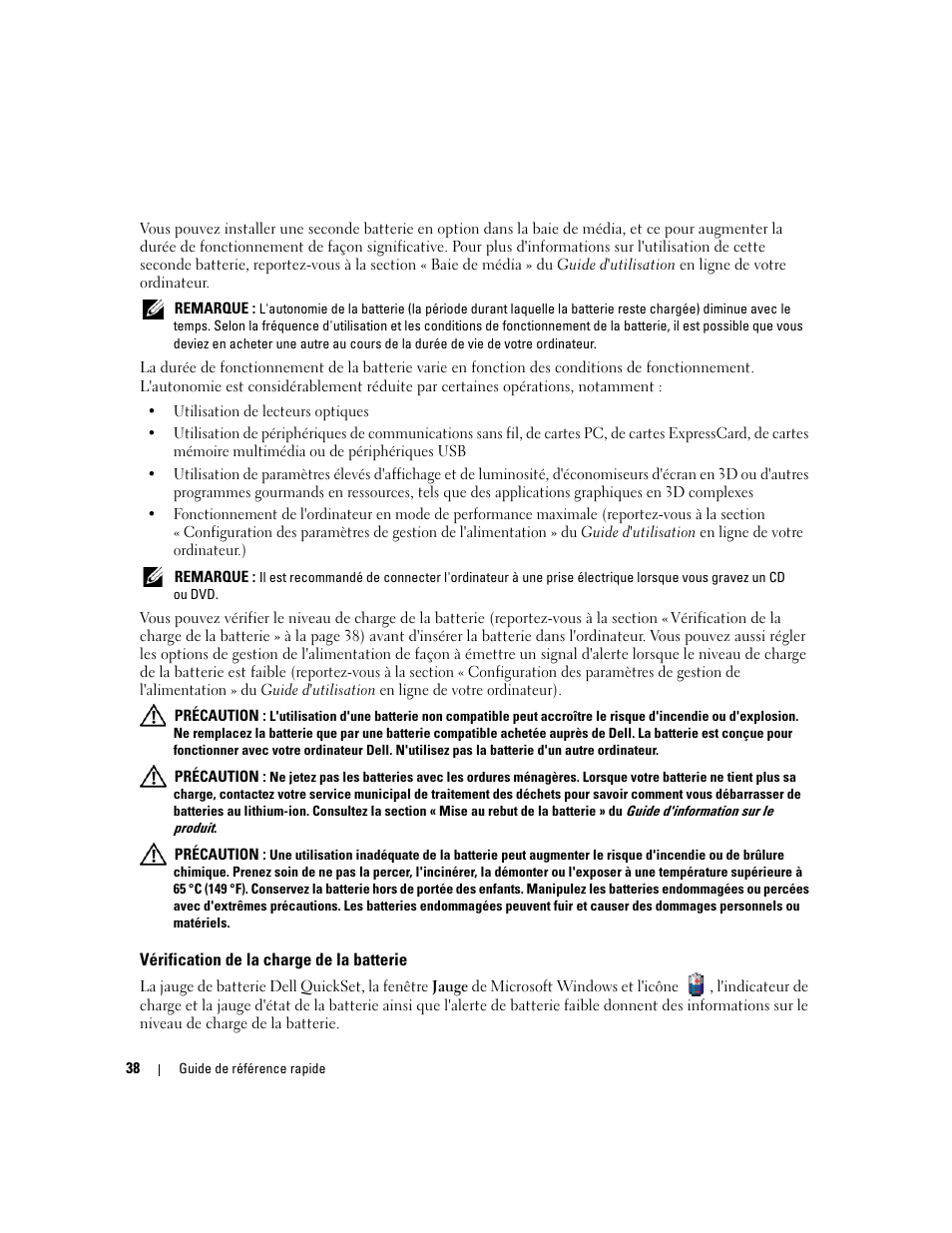 Vérification de la charge de la batterie | Dell Latitude D620 ATG User Manual | Page 38 / 98