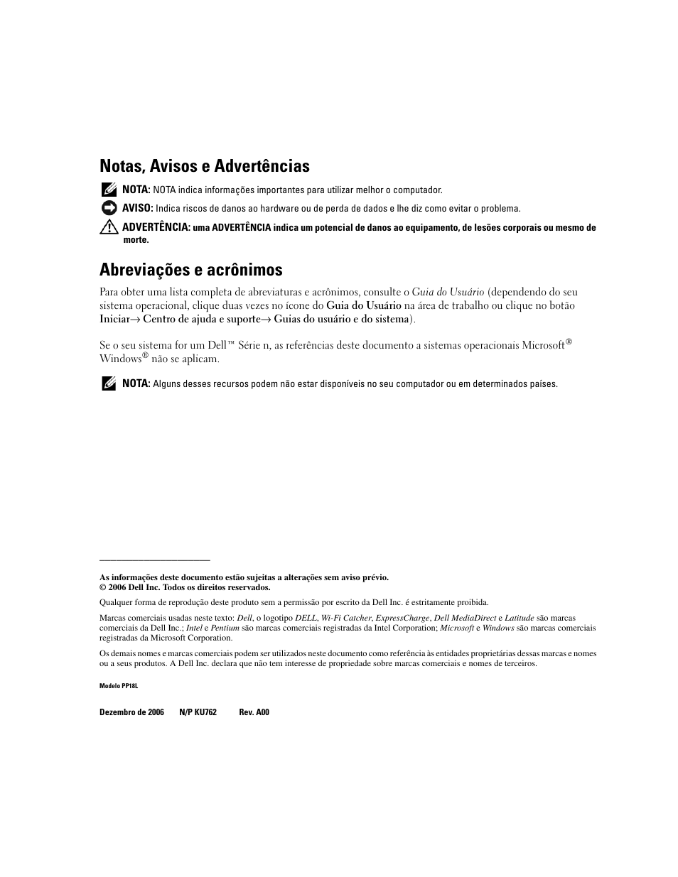 Notas, avisos e advertências, Abreviações e acrônimos | Dell Latitude D620 ATG User Manual | Page 50 / 98
