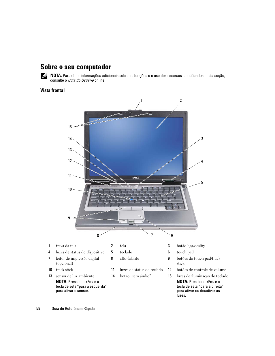 Sobre o seu computador, Vista frontal | Dell Latitude D620 ATG User Manual | Page 58 / 98