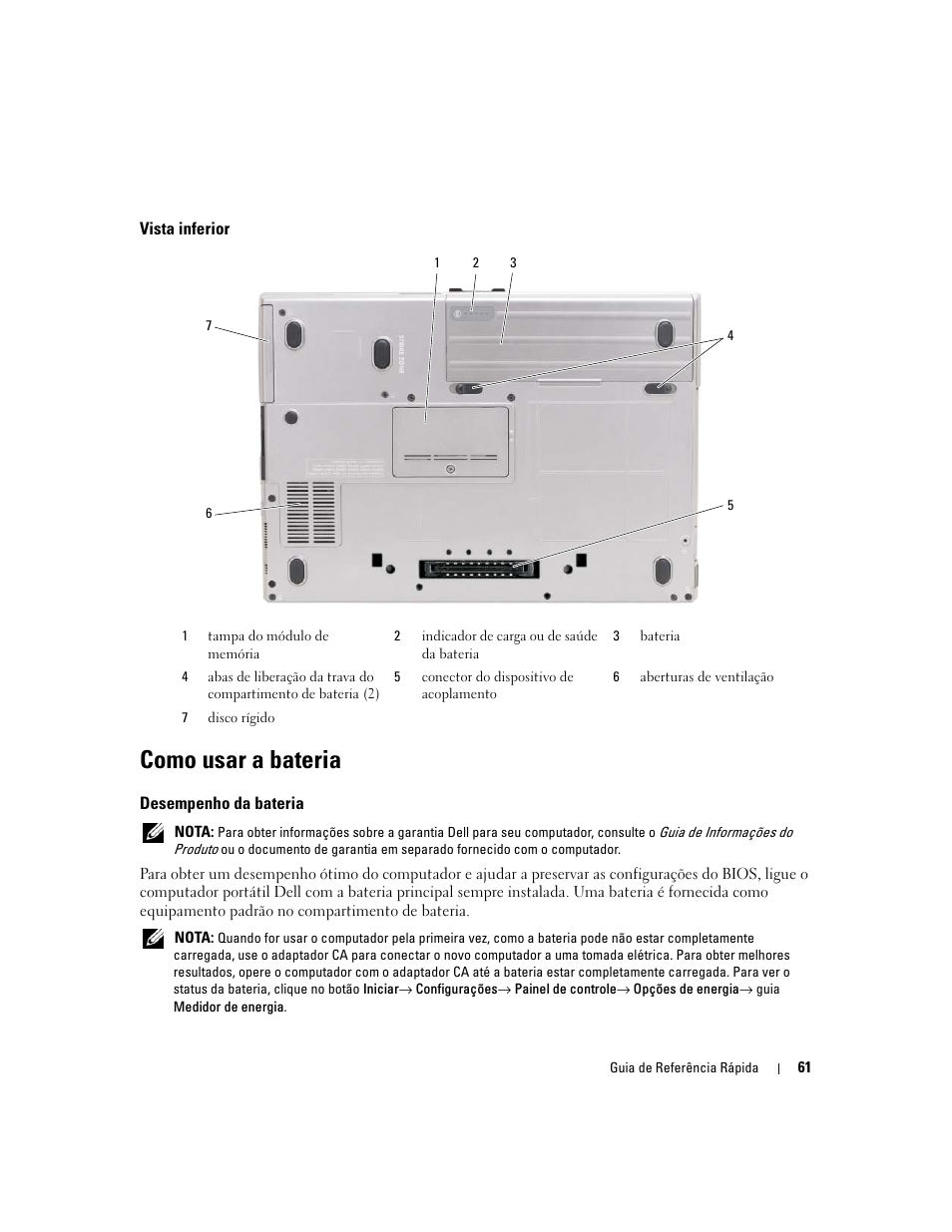 Vista inferior, Como usar a bateria, Desempenho da bateria | Dell Latitude D620 ATG User Manual | Page 61 / 98