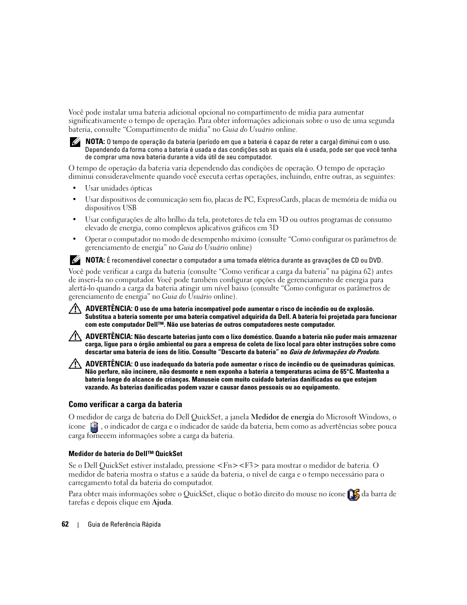 Como verificar a carga da bateria | Dell Latitude D620 ATG User Manual | Page 62 / 98