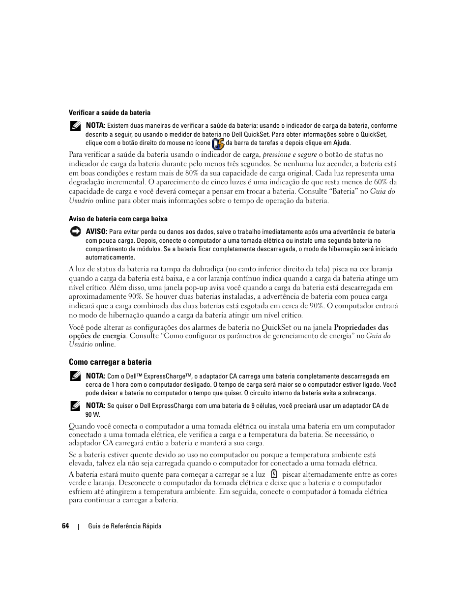 Como carregar a bateria | Dell Latitude D620 ATG User Manual | Page 64 / 98