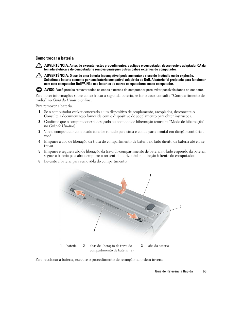 Como trocar a bateria | Dell Latitude D620 ATG User Manual | Page 65 / 98
