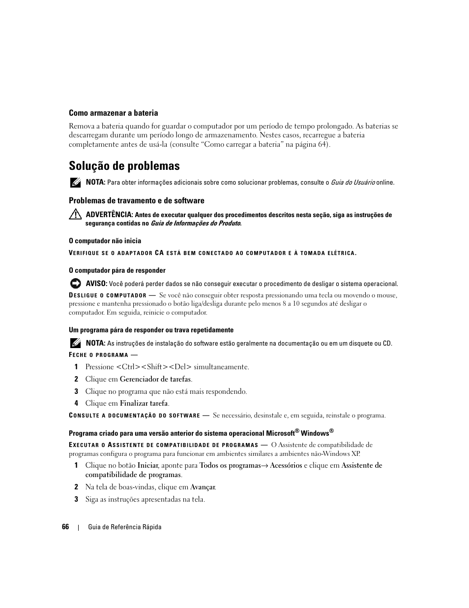 Como armazenar a bateria, Solução de problemas, Problemas de travamento e de software | Dell Latitude D620 ATG User Manual | Page 66 / 98