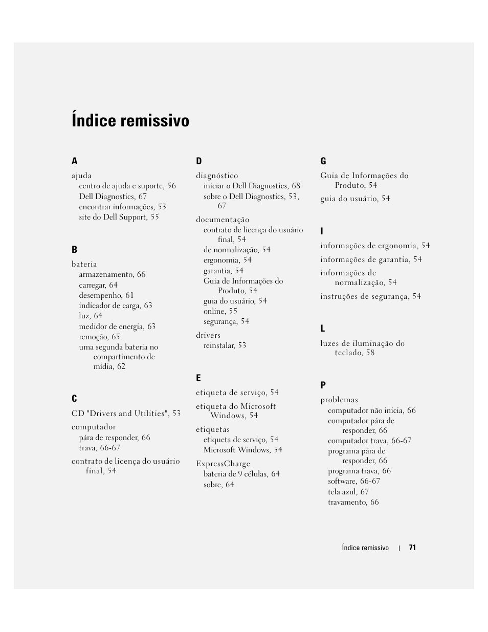 Índice remissivo | Dell Latitude D620 ATG User Manual | Page 71 / 98