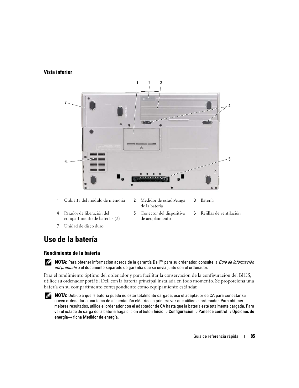 Vista inferior, Uso de la batería, Rendimiento de la batería | Dell Latitude D620 ATG User Manual | Page 85 / 98