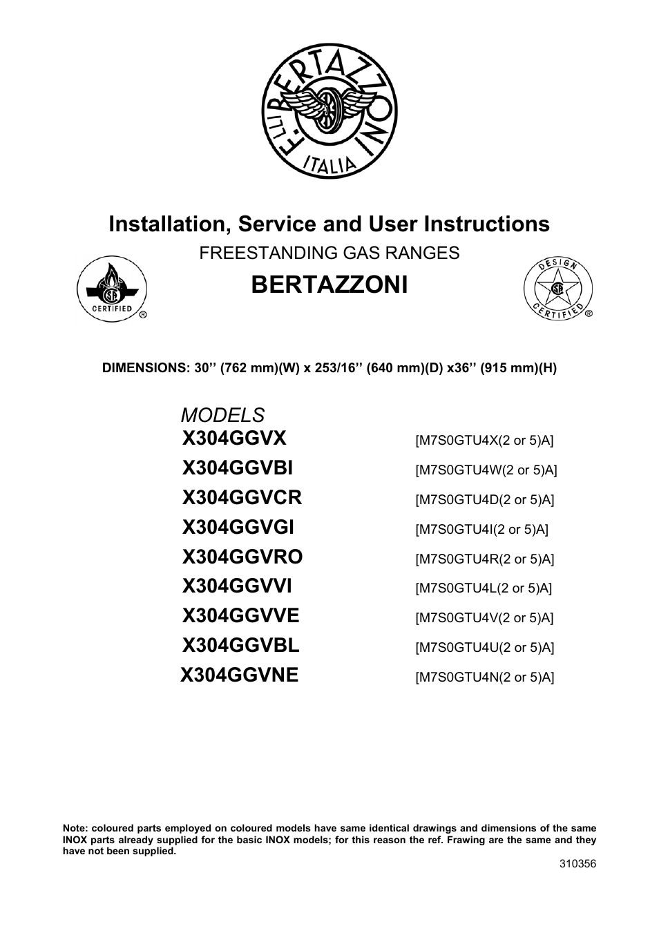 Bertazzoni X304GGVNE User Manual | 29 pages