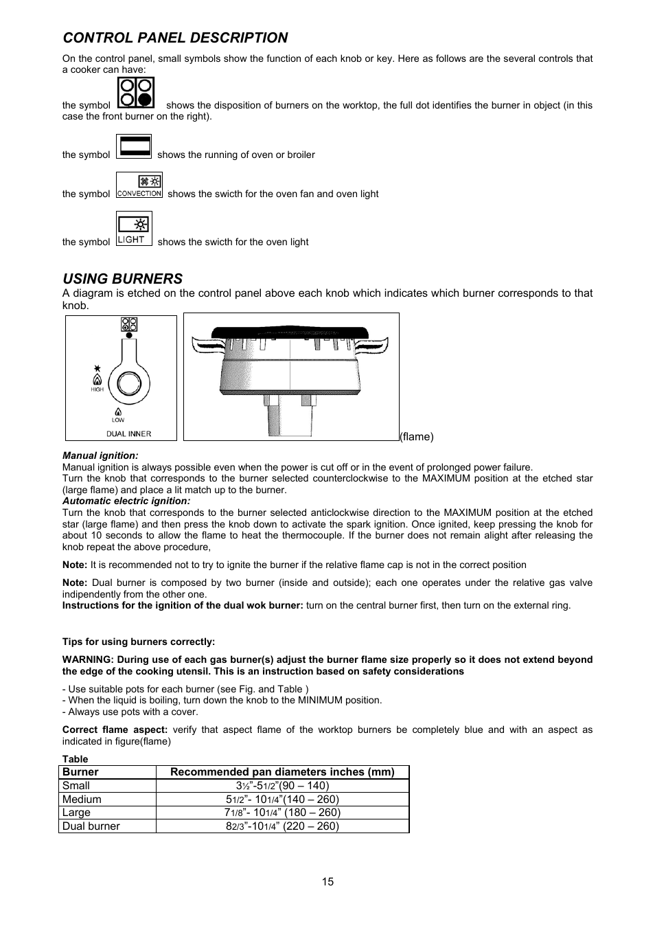 Control panel description, Using burners | Bertazzoni X304GGVNE User Manual | Page 15 / 29