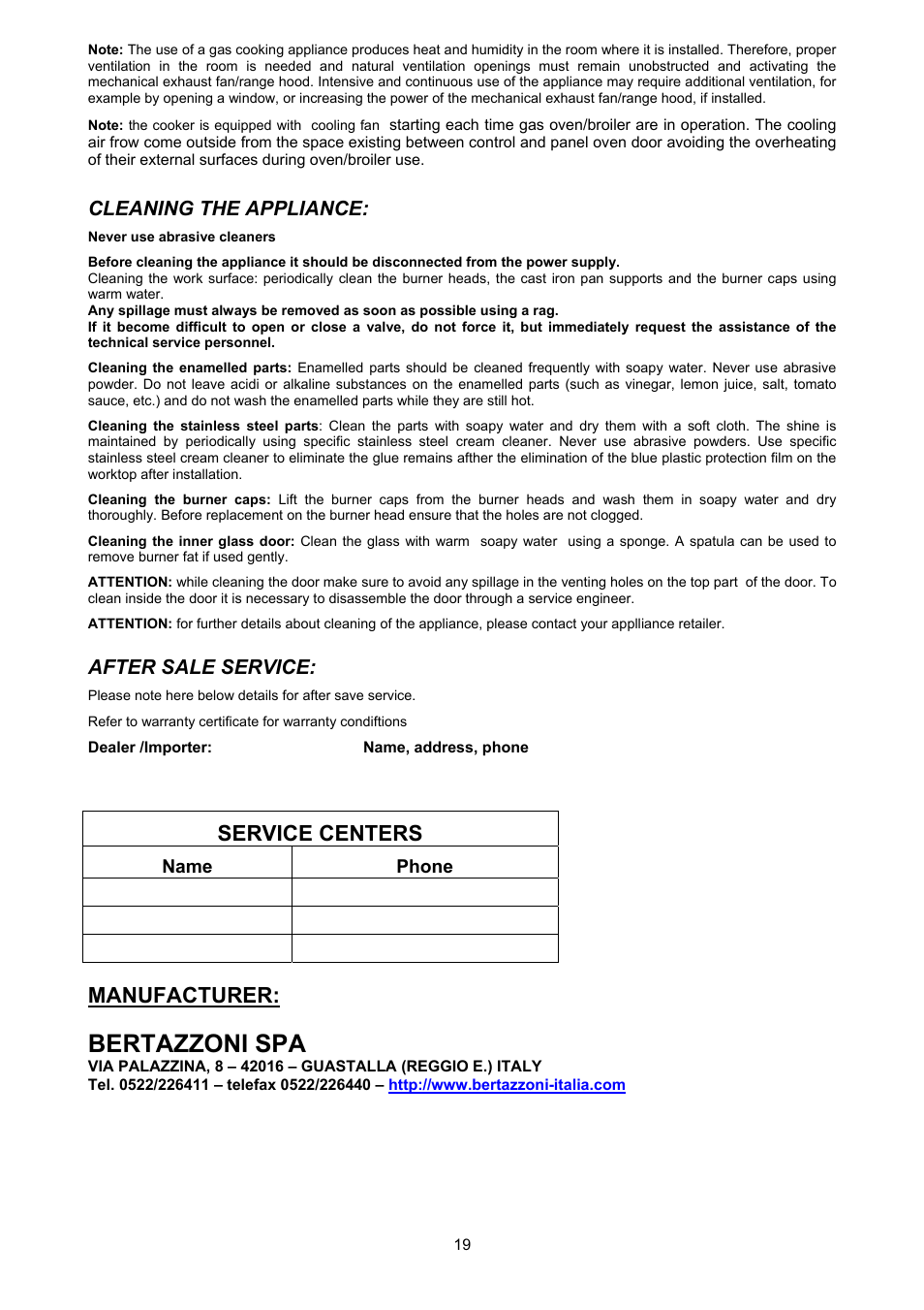 Bertazzoni spa, Manufacturer, Service centers | Bertazzoni X304GGVNE User Manual | Page 19 / 29