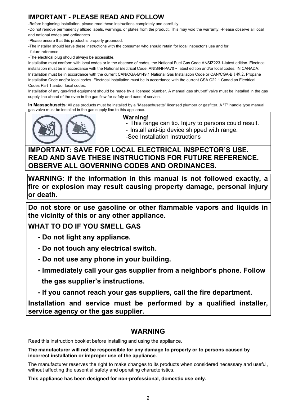 Warning, Important - please read and follow | Bertazzoni X304GGVNE User Manual | Page 2 / 29