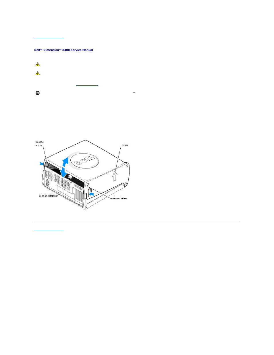 Opening the computer cover | Dell Dimension 8400 User Manual | Page 8 / 47