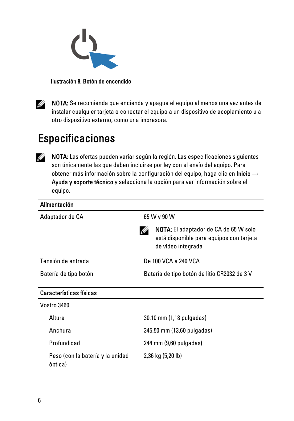 Especificaciones | Dell Vostro 3560 (Early 2012) User Manual | Page 6 / 8