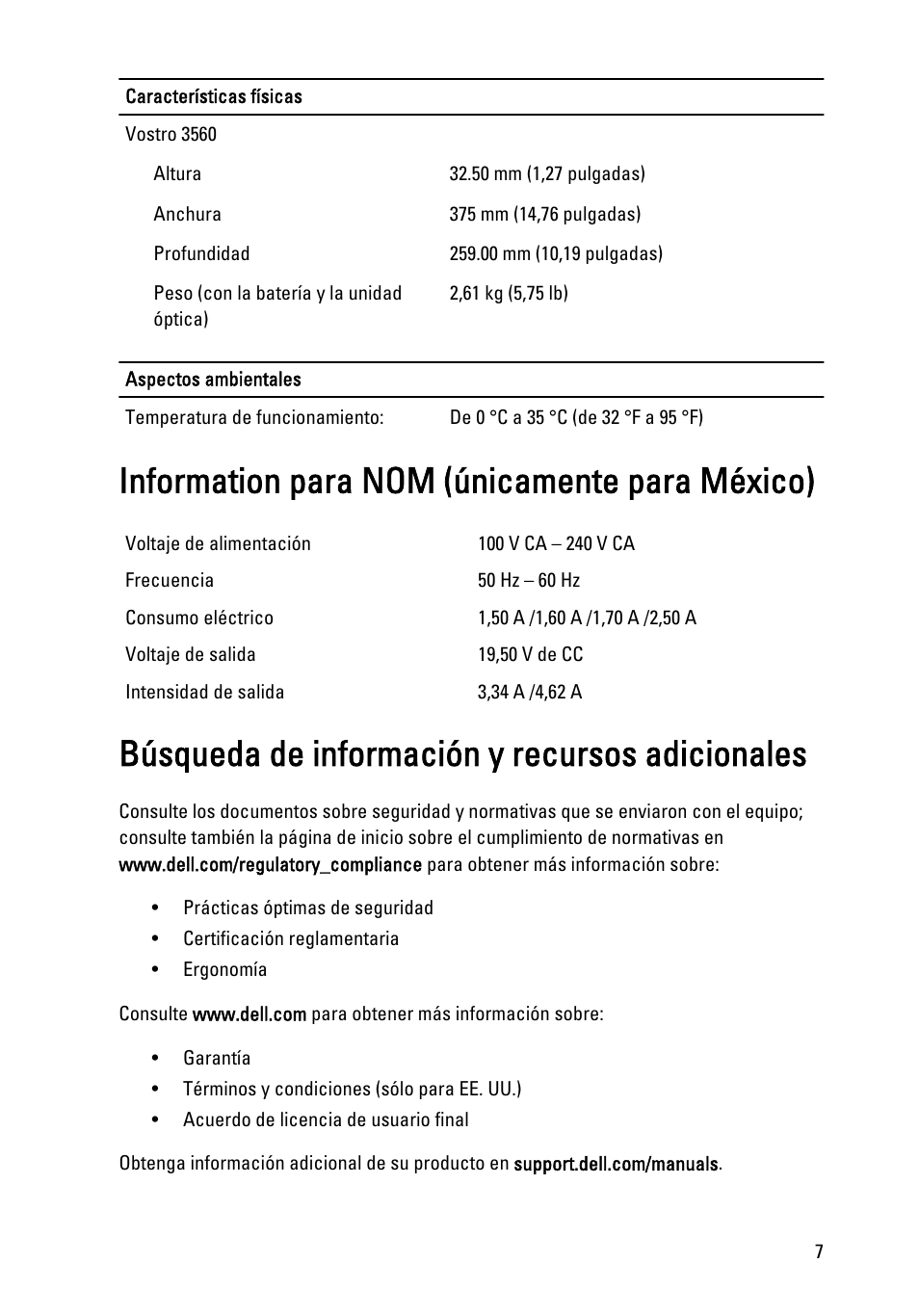 Information para nom (únicamente para méxico), Búsqueda de información y recursos adicionales | Dell Vostro 3560 (Early 2012) User Manual | Page 7 / 8