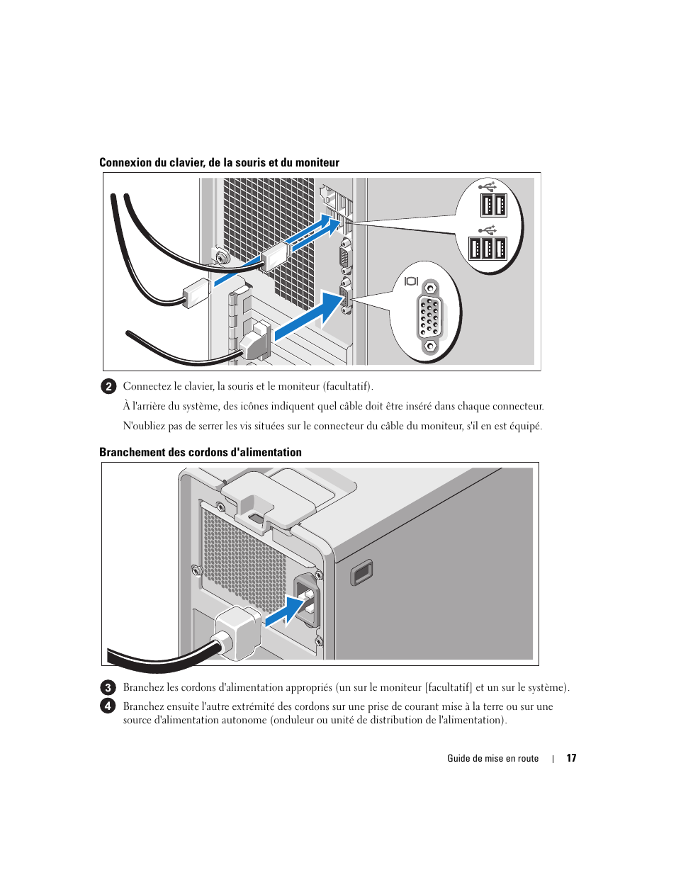 Connexion du clavier, de la souris et du moniteur, Branchement des cordons d'alimentation | Dell PowerEdge SC 440 User Manual | Page 19 / 48