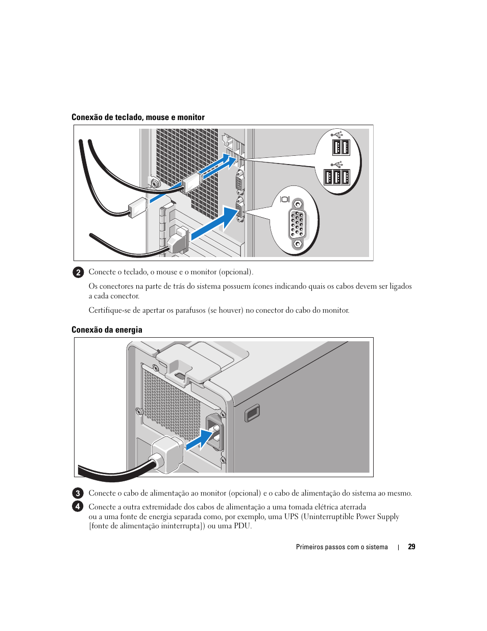 Conexão de teclado, mouse e monitor, Conexão da energia | Dell PowerEdge SC 440 User Manual | Page 31 / 48