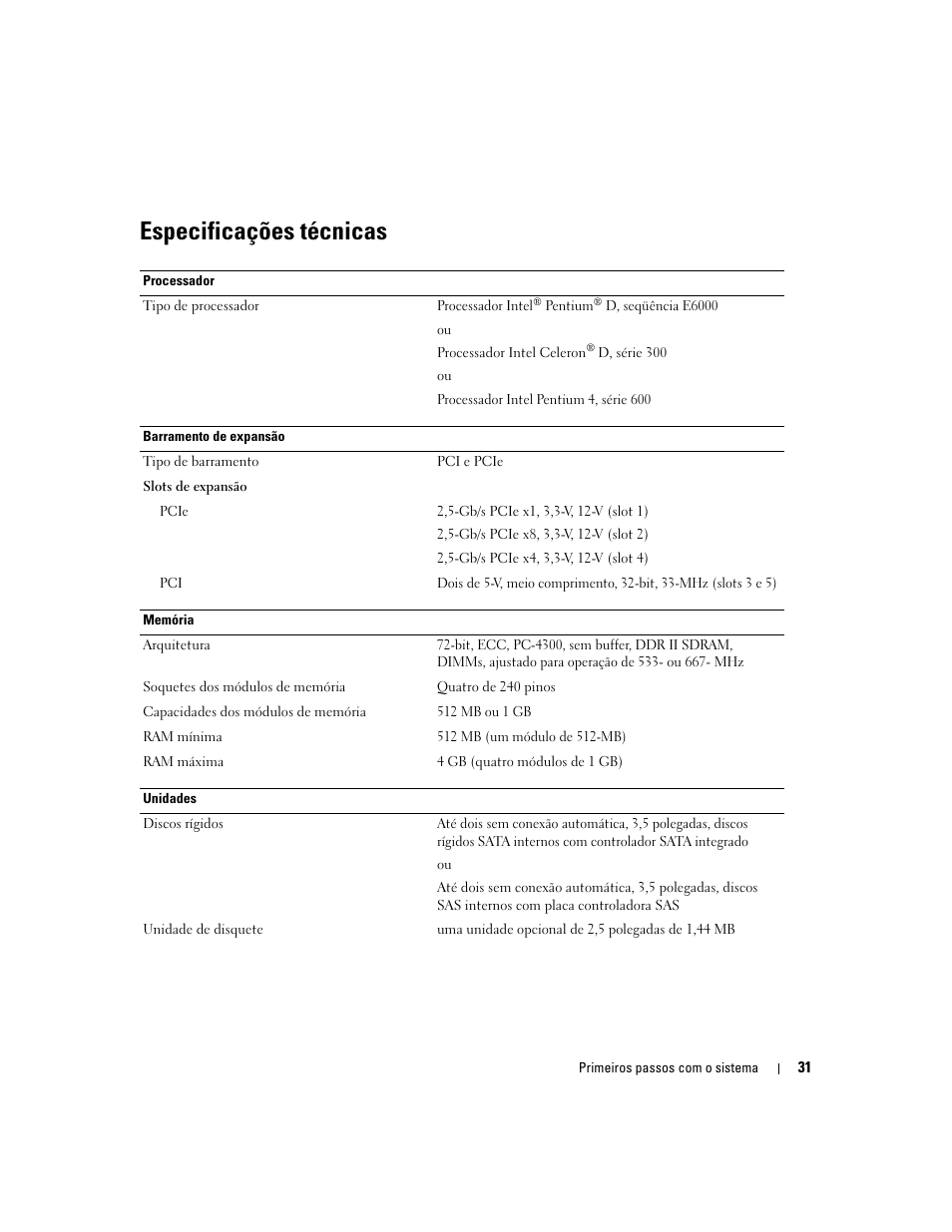 Especificações técnicas | Dell PowerEdge SC 440 User Manual | Page 33 / 48
