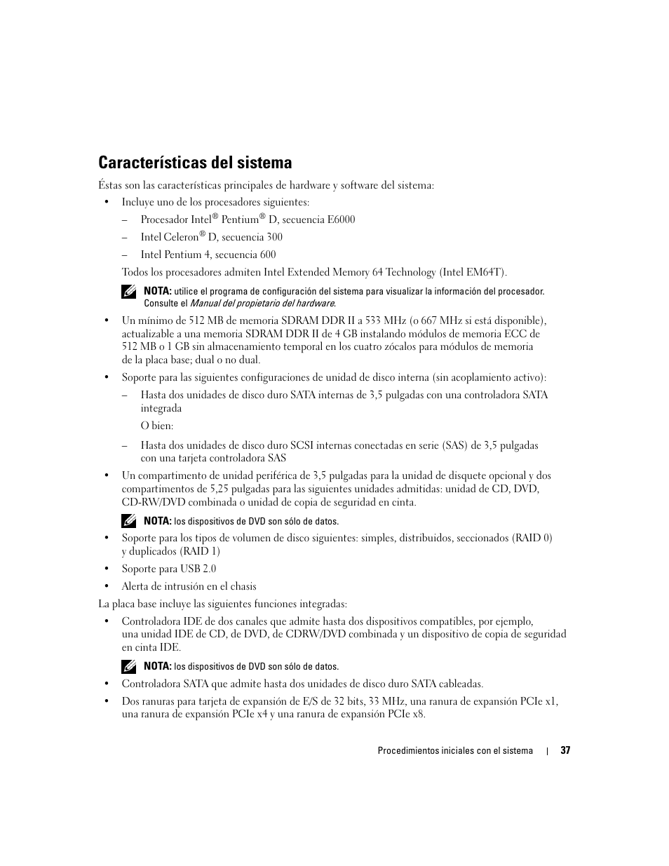 Características del sistema | Dell PowerEdge SC 440 User Manual | Page 39 / 48