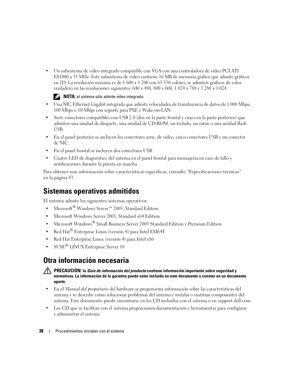 Sistemas operativos admitidos, Otra información necesaria | Dell PowerEdge SC 440 User Manual | Page 40 / 48