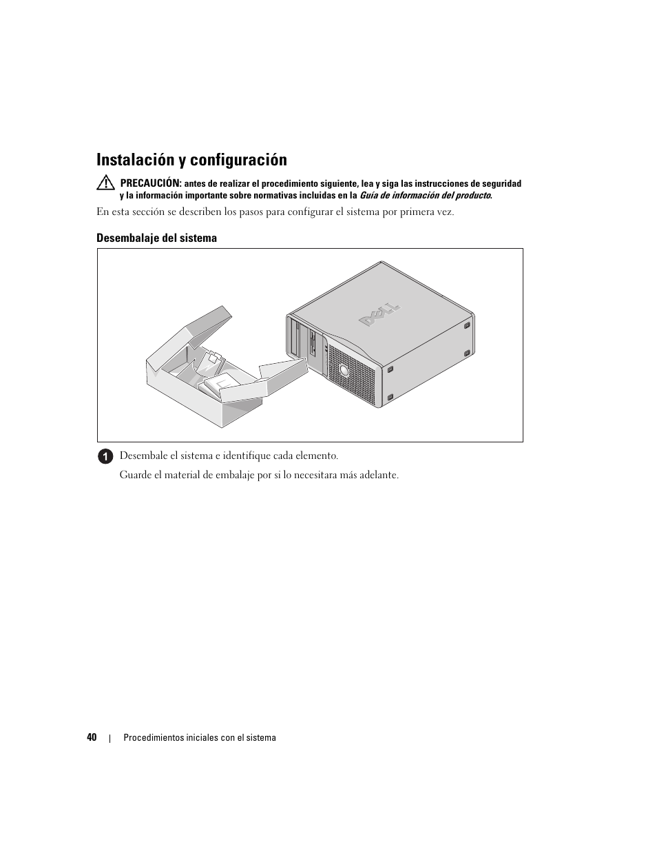 Instalación y configuración, Desembalaje del sistema | Dell PowerEdge SC 440 User Manual | Page 42 / 48
