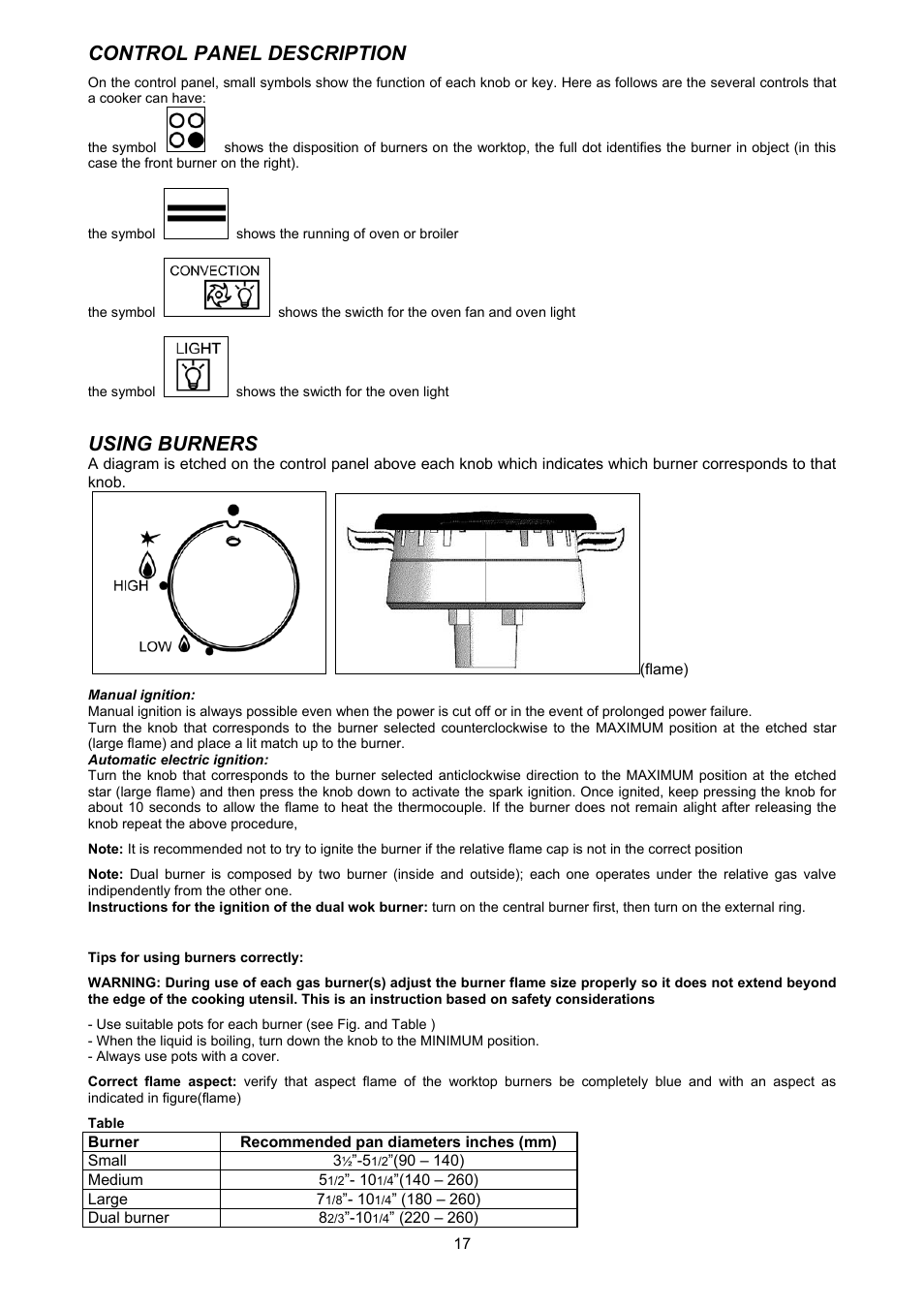 Control panel description, Using burners | Bertazzoni H304GGVVI User Manual | Page 17 / 27
