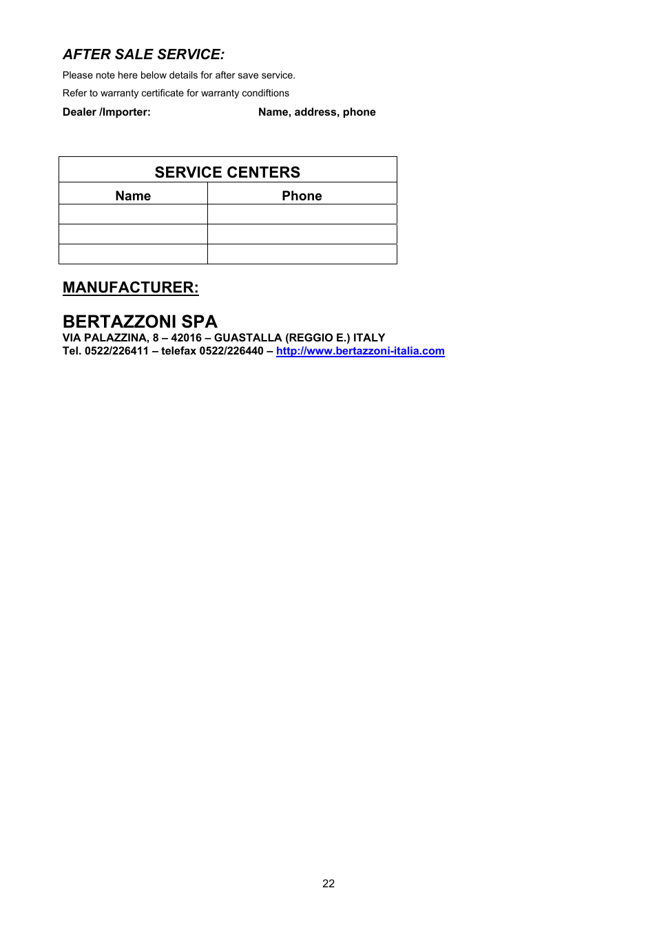 Bertazzoni spa, Manufacturer, Service centers | Bertazzoni H304GGVVI User Manual | Page 22 / 27