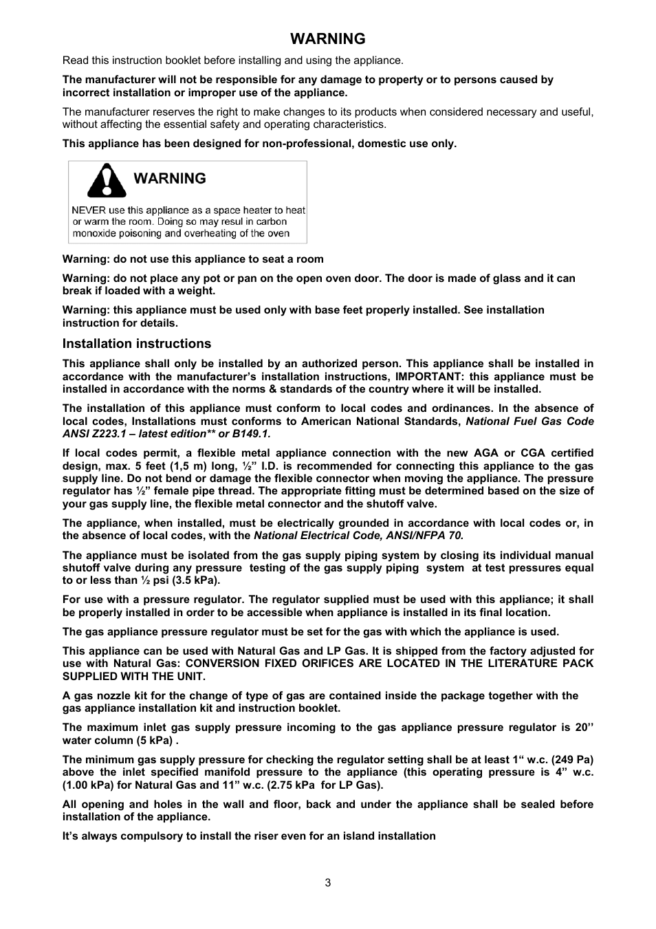 Warning | Bertazzoni H304GGVVI User Manual | Page 3 / 27