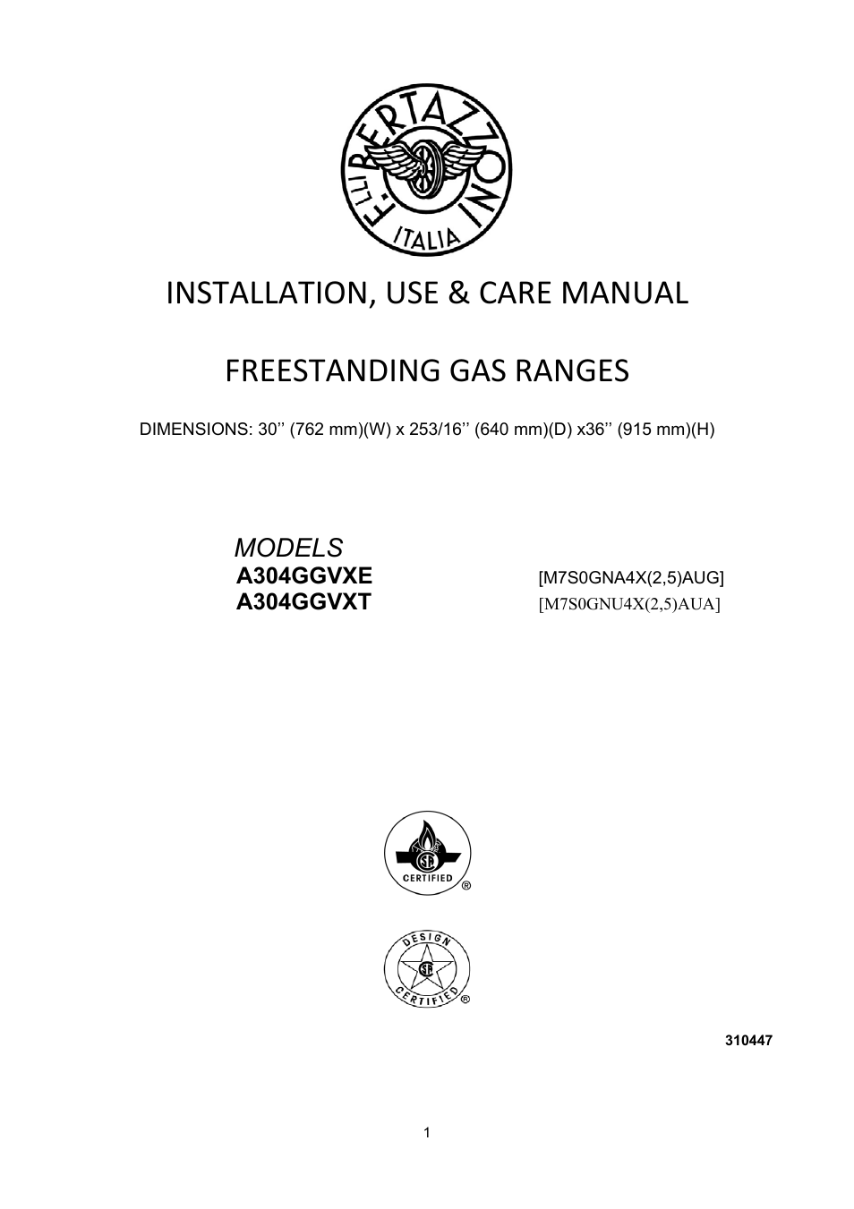 Bertazzoni A304GGVXE User Manual | 44 pages