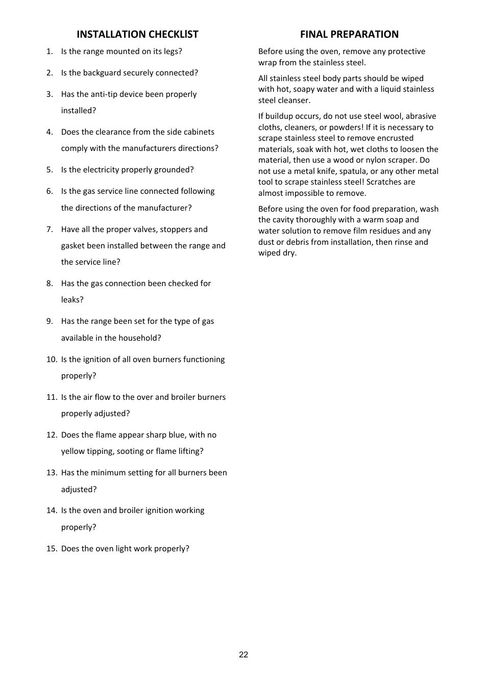 Installation checkllst, Final preparation | Bertazzoni A304GGVXE User Manual | Page 22 / 44
