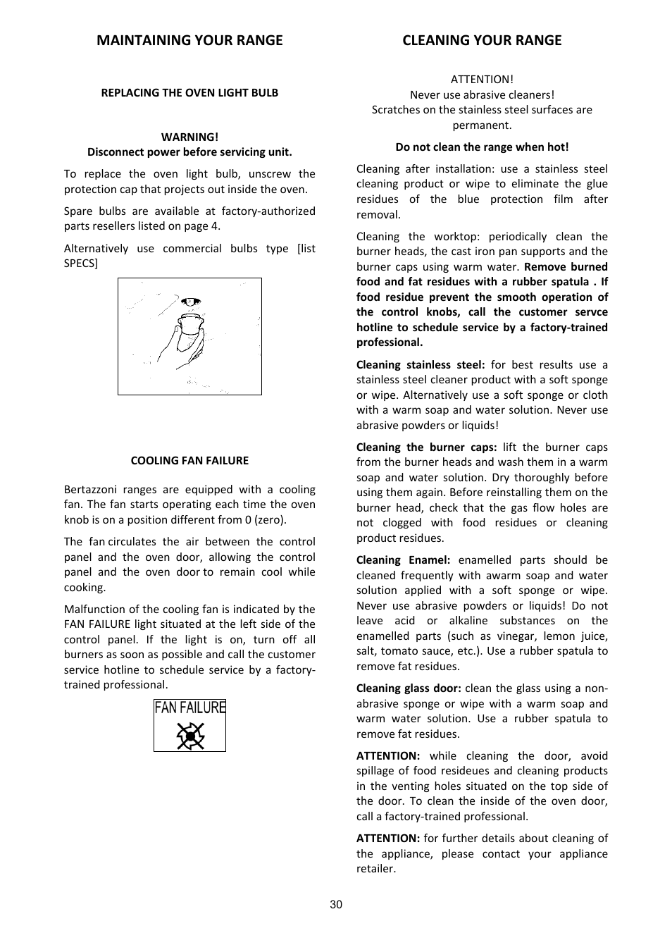 Maintaining your range, Cleaning your range | Bertazzoni A304GGVXE User Manual | Page 30 / 44