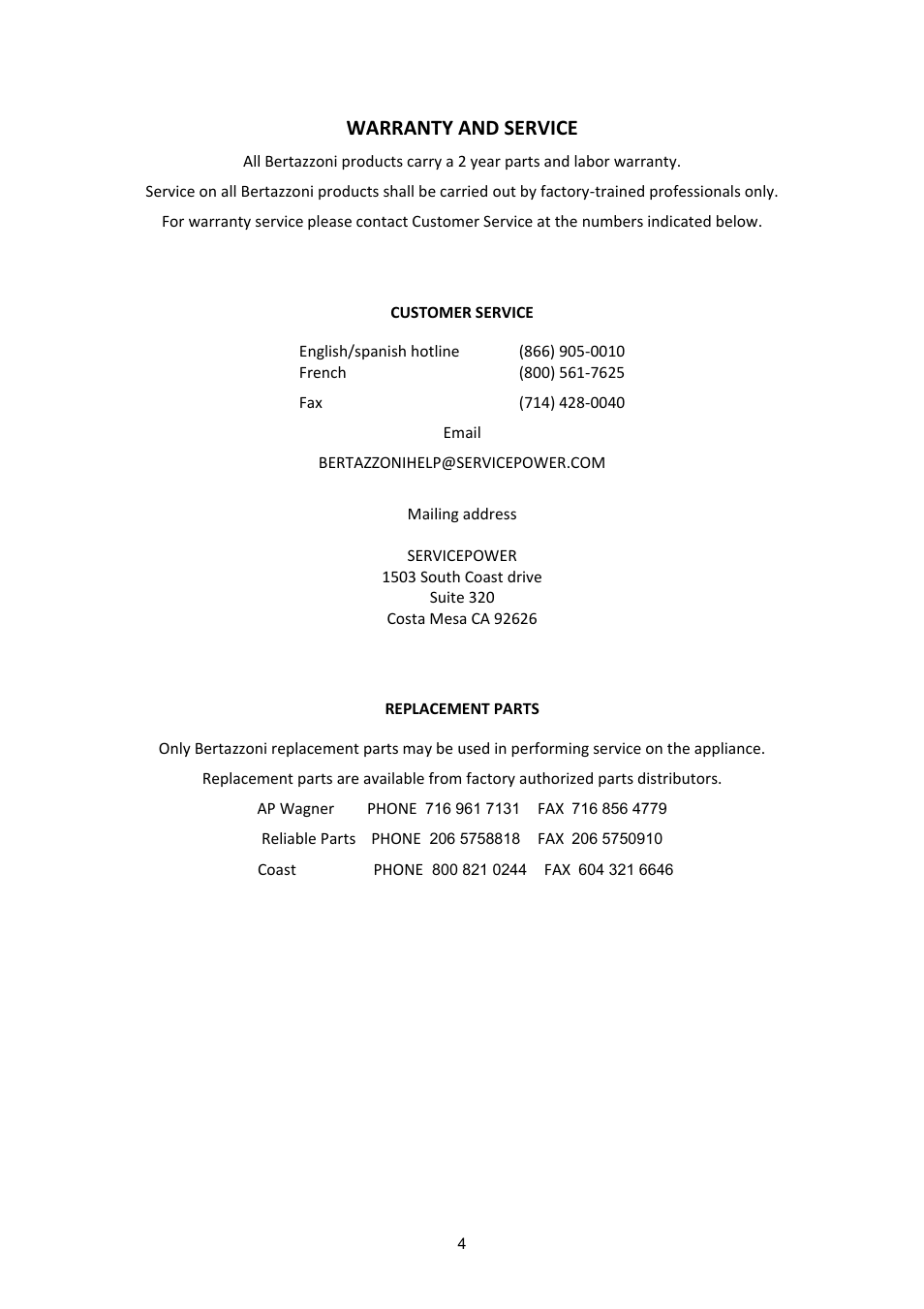 Warranty and service | Bertazzoni A304GGVXE User Manual | Page 4 / 44
