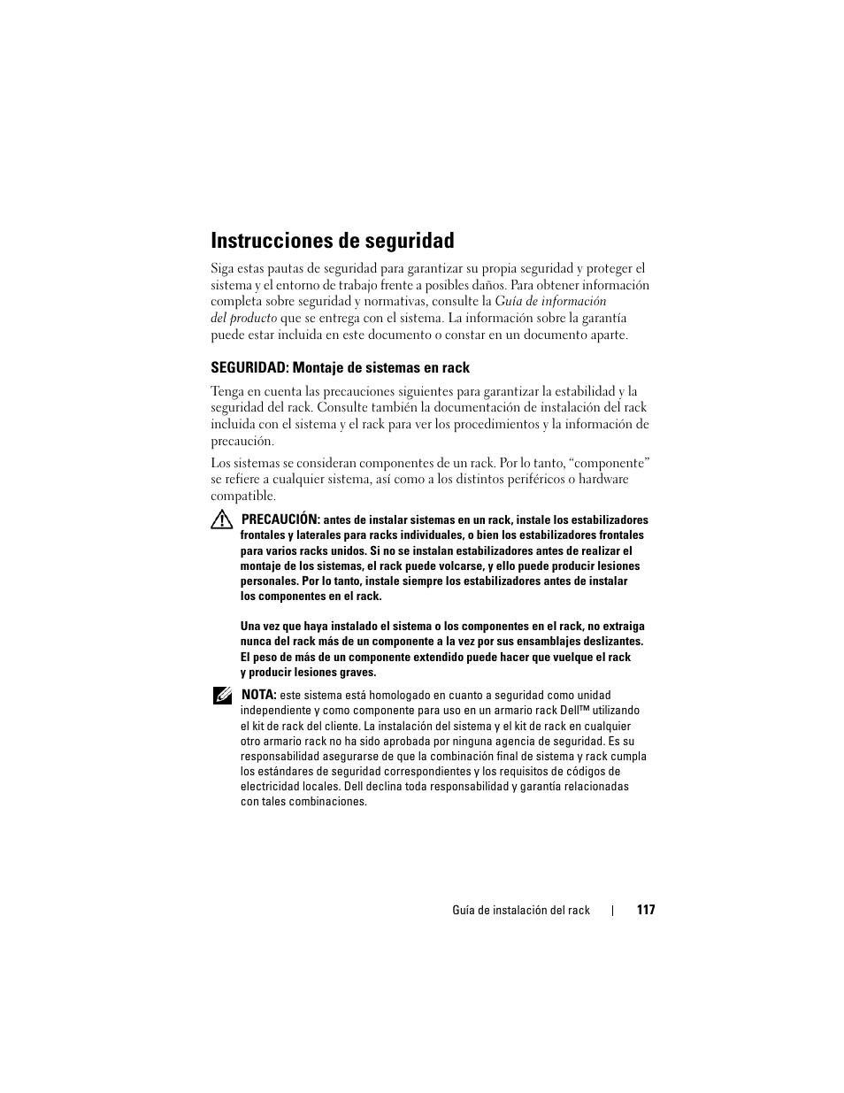 Instrucciones de seguridad, Seguridad: montaje de sistemas en rack | Dell POWEREDGE M915 User Manual | Page 119 / 144