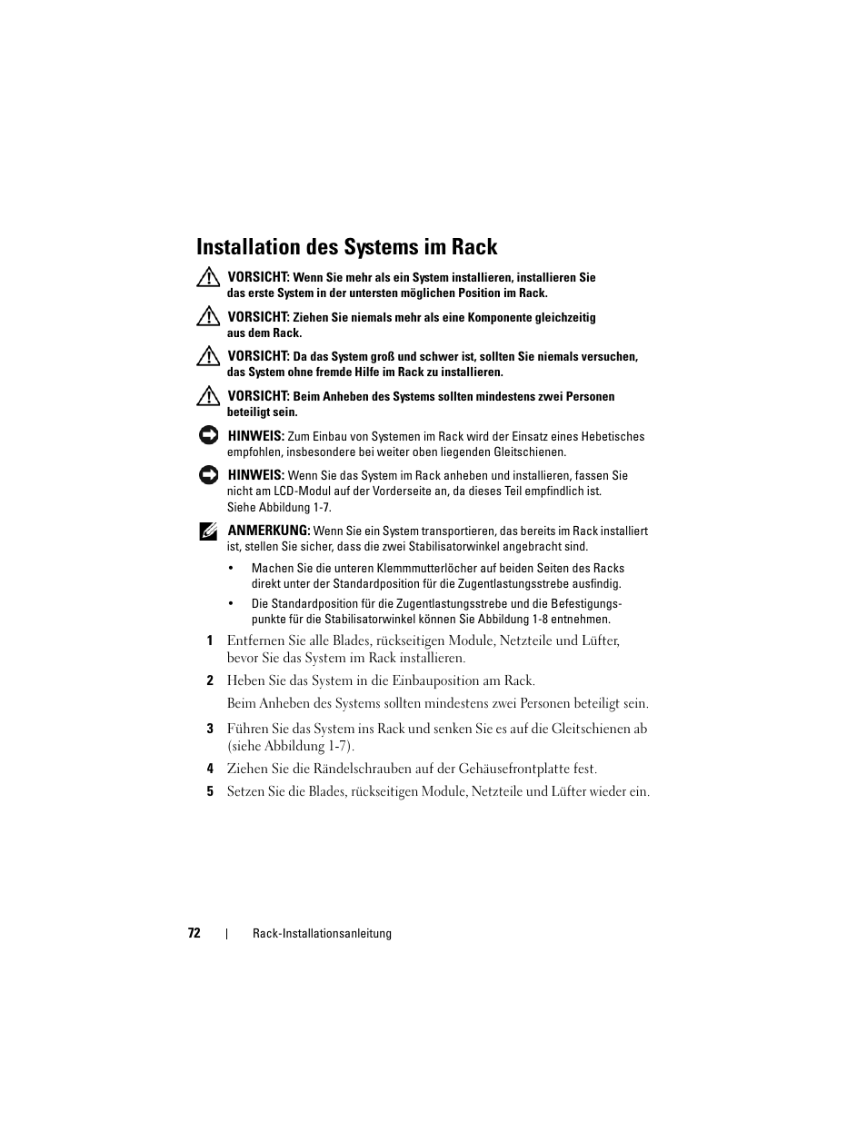Installation des systems im rack | Dell POWEREDGE M915 User Manual | Page 74 / 144