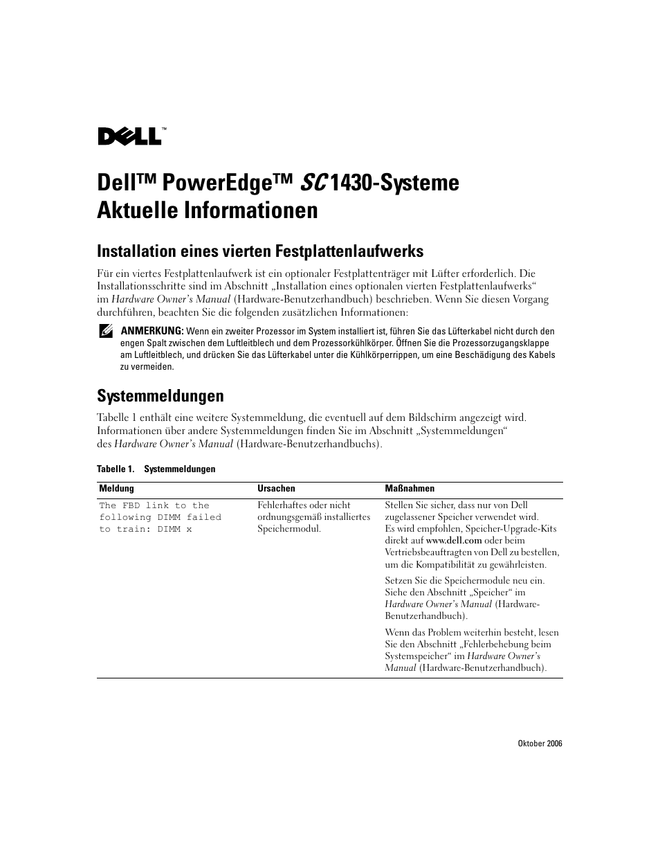 Installation eines vierten festplattenlaufwerks, Systemmeldungen | Dell PowerEdge SC1430 User Manual | Page 10 / 21