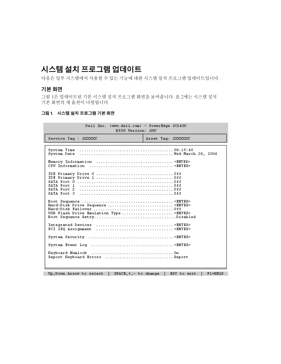 시스템 설치 프로그램 업데이트, 기본 화면 | Dell PowerEdge SC1430 User Manual | Page 17 / 21