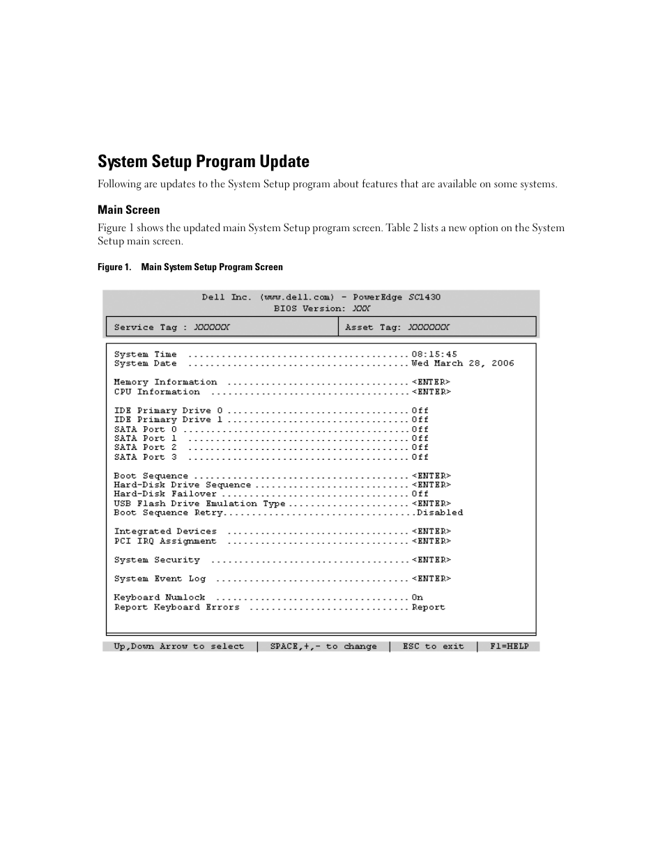 System setup program update, Main screen | Dell PowerEdge SC1430 User Manual | Page 2 / 21