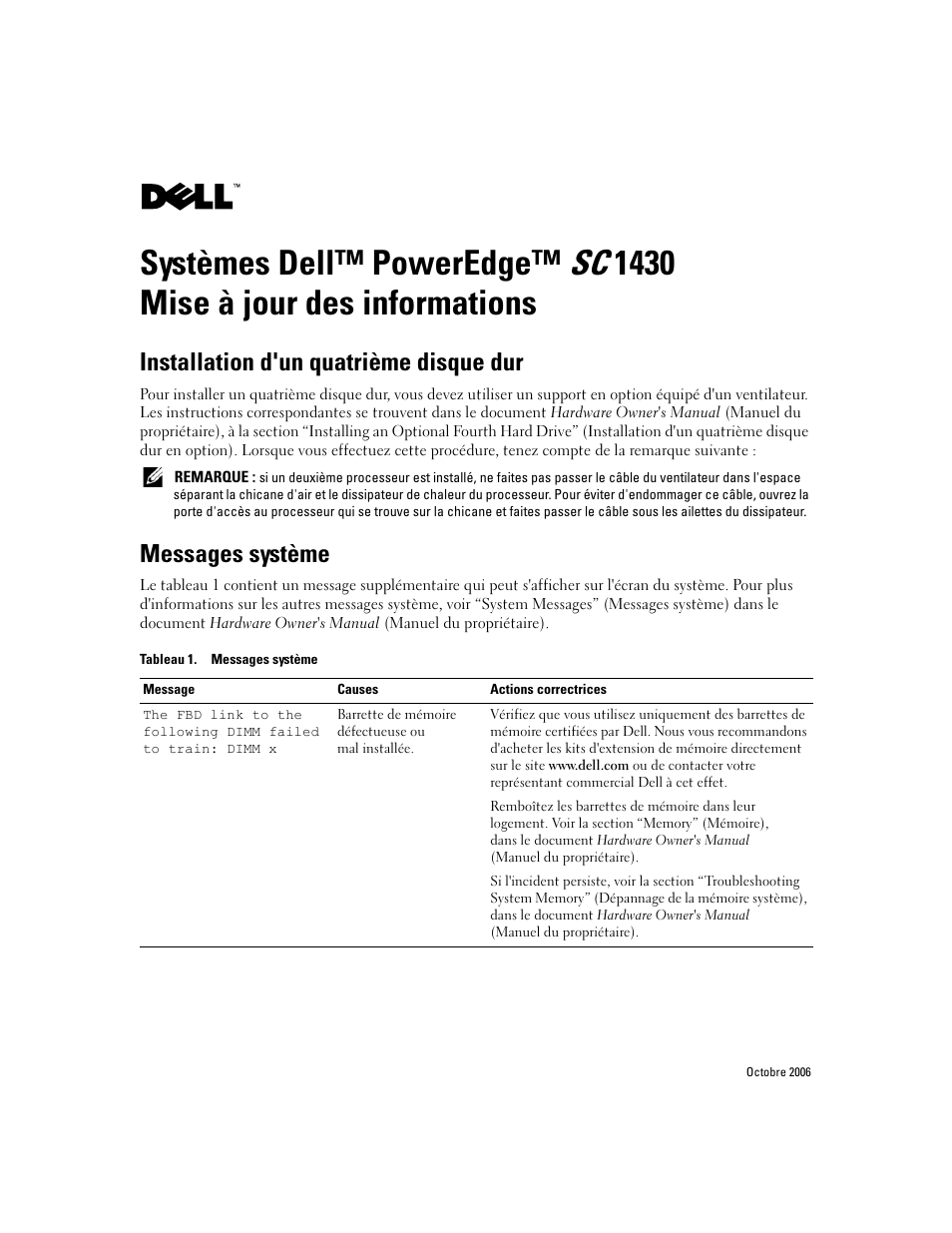 Installation d'un quatrième disque dur, Messages système | Dell PowerEdge SC1430 User Manual | Page 7 / 21