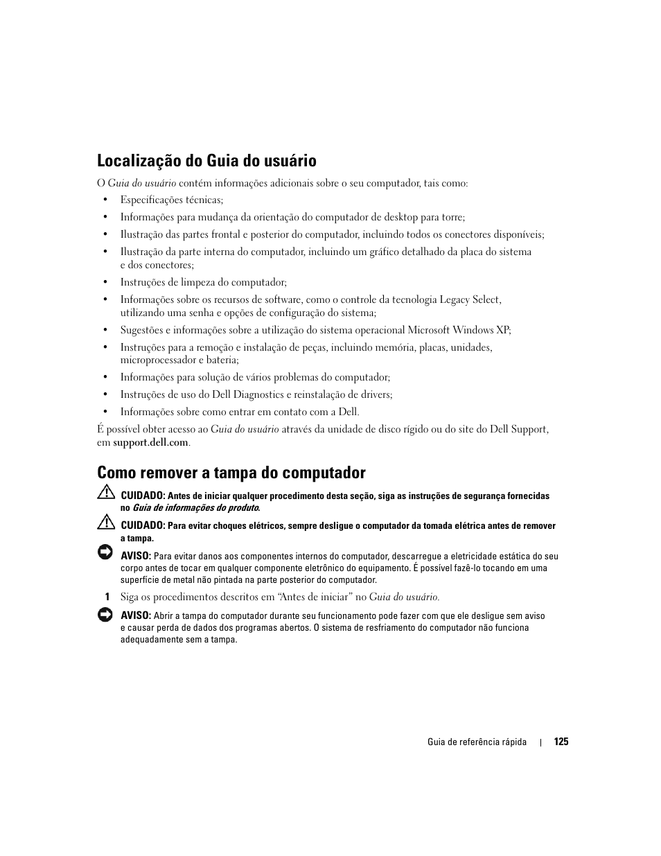 Localização do guia do usuário, Como remover a tampa do computador | Dell Precision 490 User Manual | Page 125 / 190