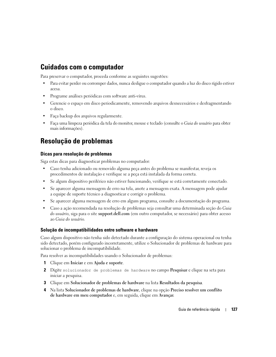 Cuidados com o computador, Resolução de problemas, Dicas para resolução de problemas | Dell Precision 490 User Manual | Page 127 / 190