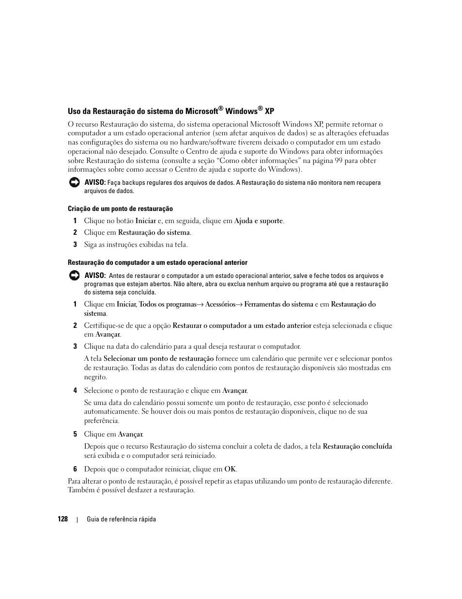 Uso da restauração do sistema do microsoft, Windows | Dell Precision 490 User Manual | Page 128 / 190