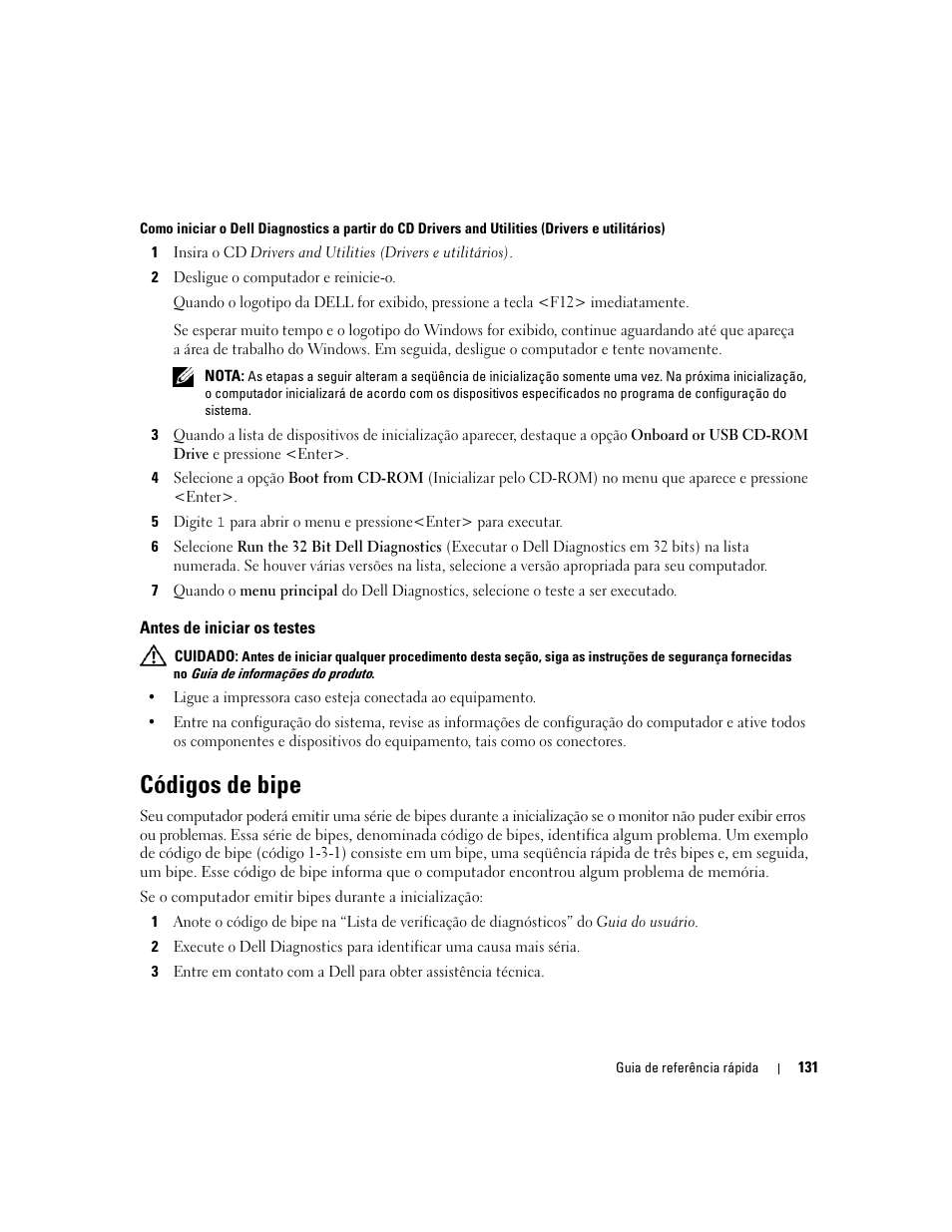Antes de iniciar os testes, Códigos de bipe | Dell Precision 490 User Manual | Page 131 / 190