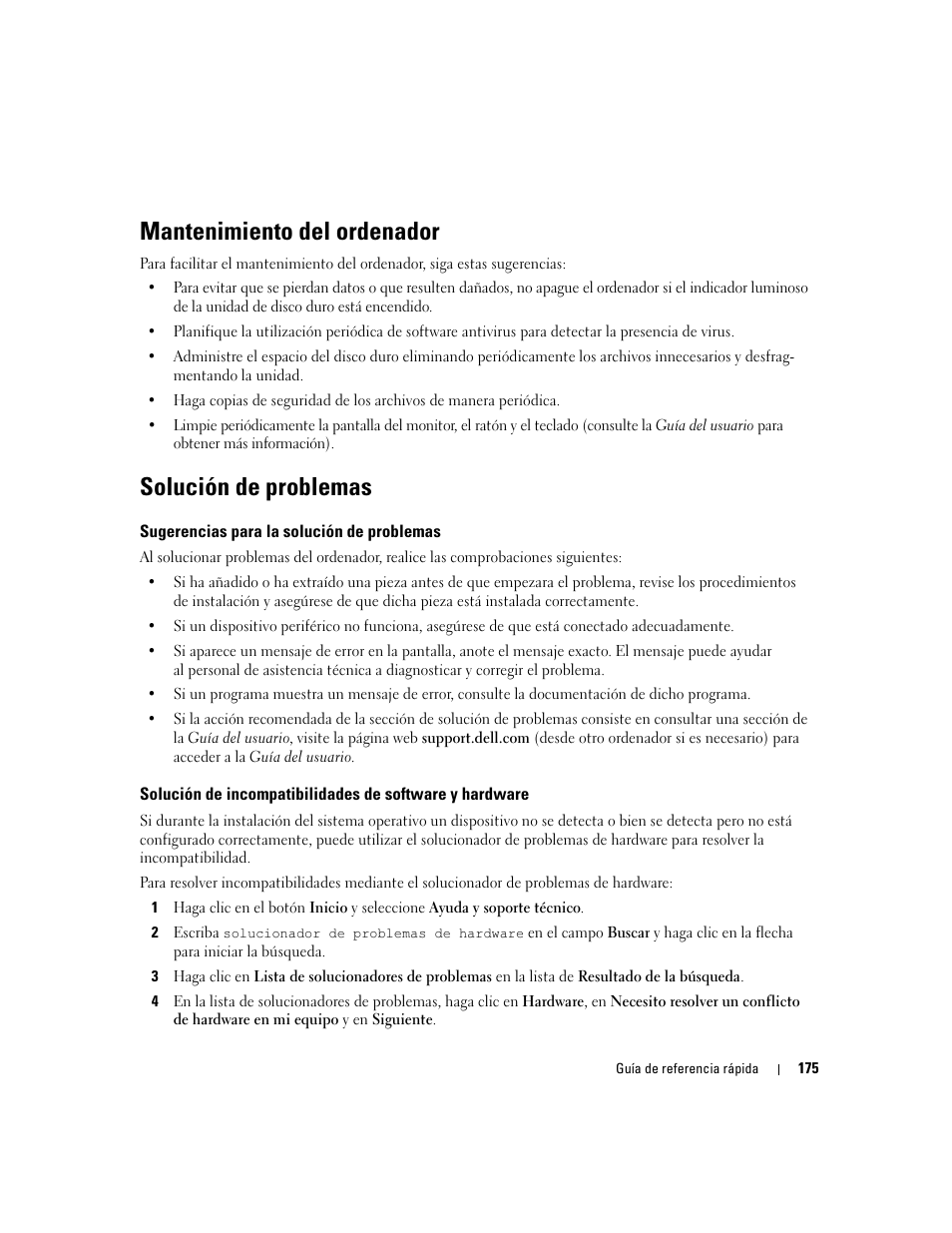 Mantenimiento del ordenador, Solución de problemas, Sugerencias para la solución de problemas | Dell Precision 490 User Manual | Page 175 / 190