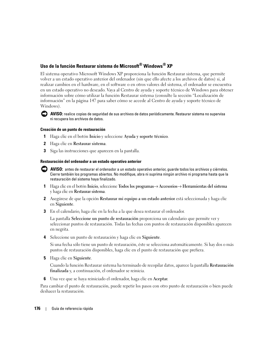 Uso de la función restaurar sistema de microsoft, Windows | Dell Precision 490 User Manual | Page 176 / 190