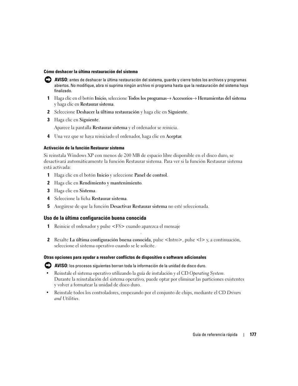 Uso de la última configuración buena conocida | Dell Precision 490 User Manual | Page 177 / 190